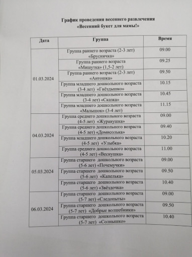 График проведения весенних развлечений "Весенний букет для мамы" График проведения весенних развлечений "Весенний букет для мамы".